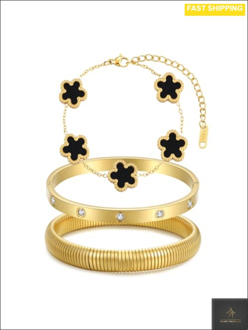 18K Gold Plated Clover Tennis Nail Bangle Bracelet Set 3 Pc Hypoallergenic